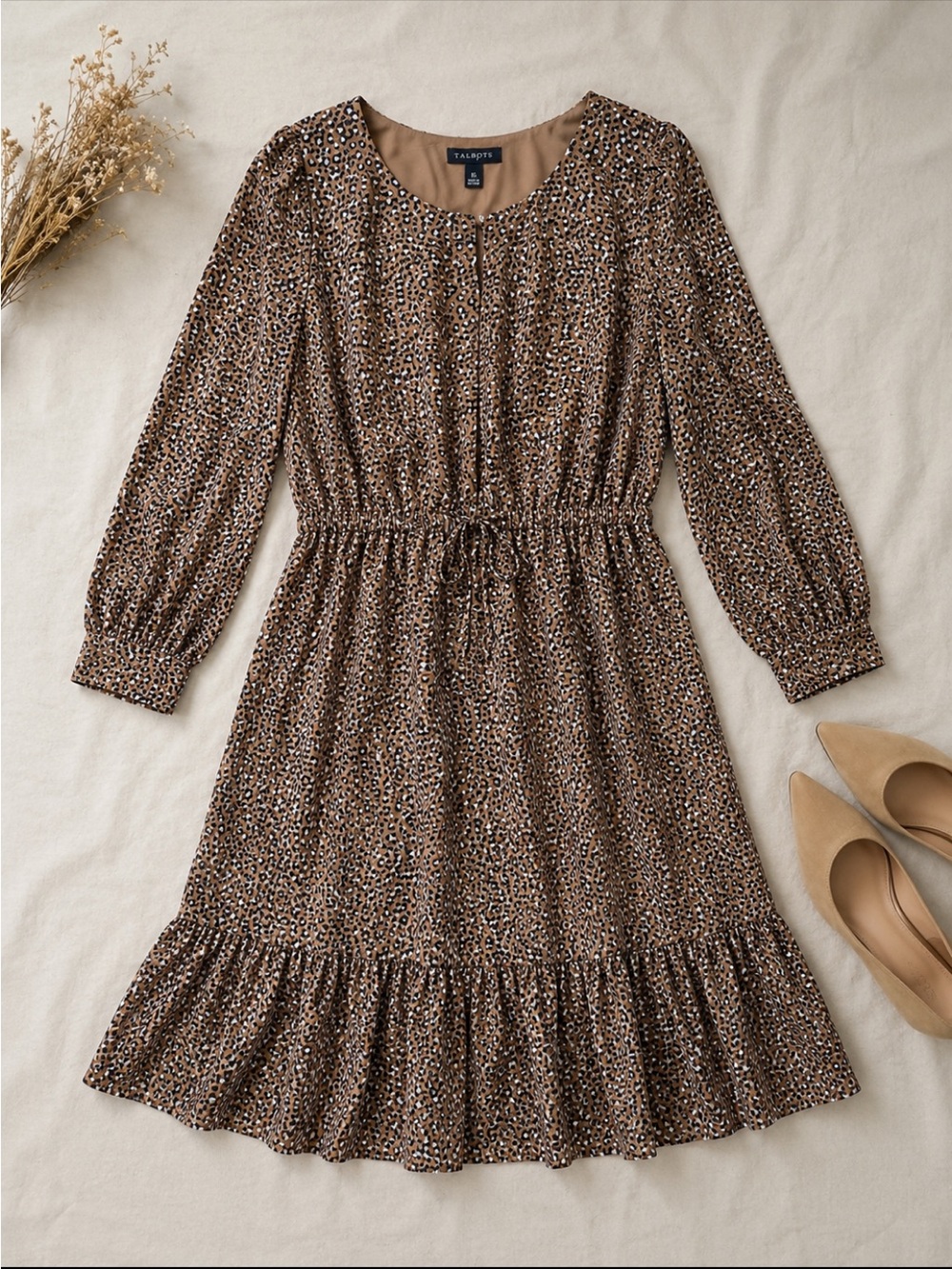 Talbots Leopard Print Tiered Midi Dress Size 16 Brown Animal Print Lined Office